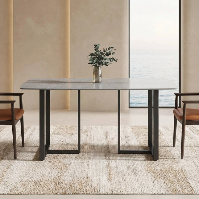 Curvea Modern Dining Table | 63" Rectangular Grey with Onyx Black Base for 4-6