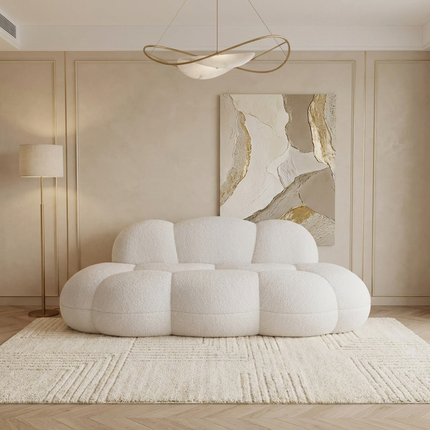 Solenza Cloud Bubble Sofa | White Sherpa Fleece 2-Seater Loveseat, Deep Seat Curved Design