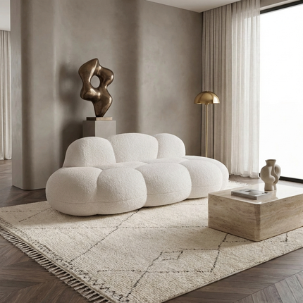 Solenza Cloud Bubble Sofa | White Sherpa Fleece 2-Seater Loveseat, Deep Seat Curved Design