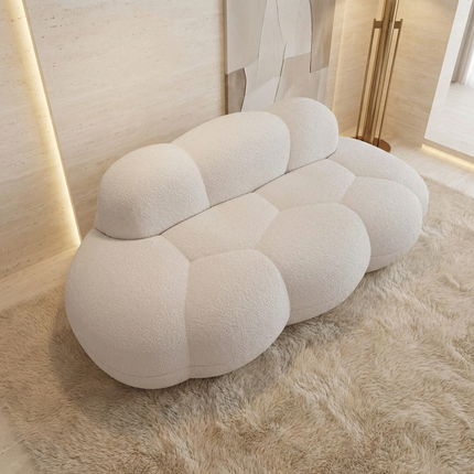 Solenza Cloud Bubble Sofa | White Sherpa Fleece 2-Seater Loveseat, Deep Seat Curved Design