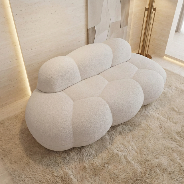 Solenza Cloud Bubble Sofa | White Sherpa Fleece 2-Seater Loveseat, Deep Seat Curved Design