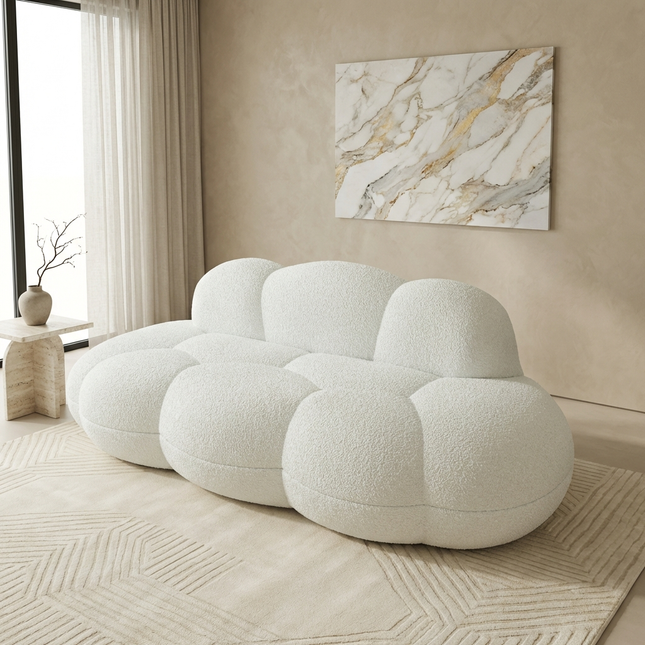 Solenza Cloud Bubble Sofa | White Sherpa Fleece 2-Seater Loveseat, Deep Seat Curved Design