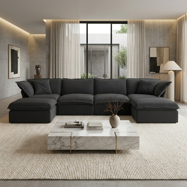 Solenza Lounge | 162" Cloud Modular U-Shape + 2 Ottomans | Washable Sofa