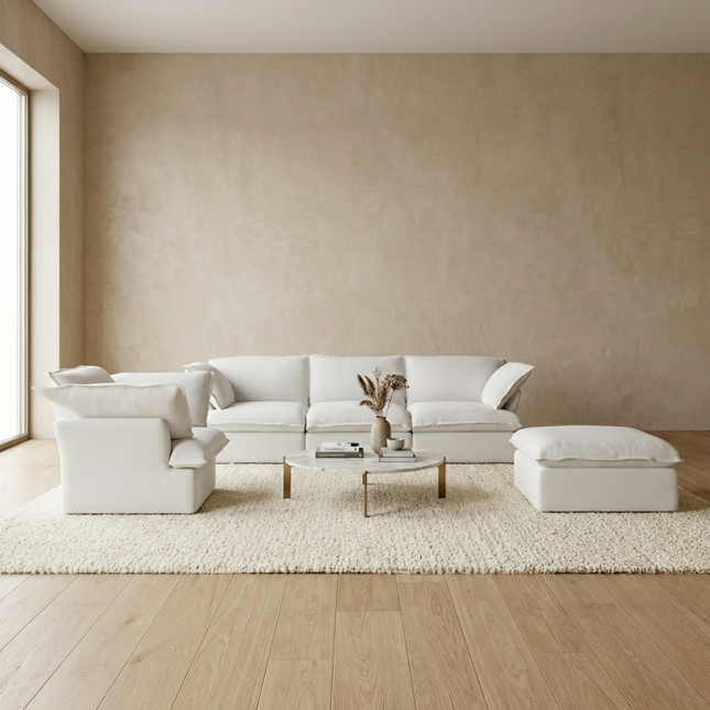 Solenza Lounge | 4-Seater Cloud Modular 3-Piece Sectional Sofa Set - Washable Linen Covers Sofa