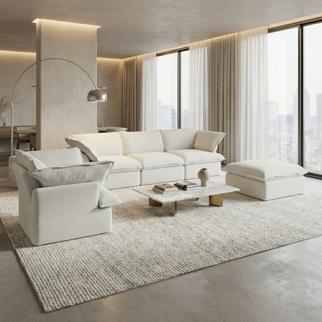 Solenza Lounge | 4-Seater Cloud Modular 3-Piece Sectional Sofa Set - Washable Linen Covers Sofa