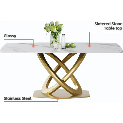 Cosmo Opulent Dining Tables | 63" Rectangular White with Luxe Gold Base for 6