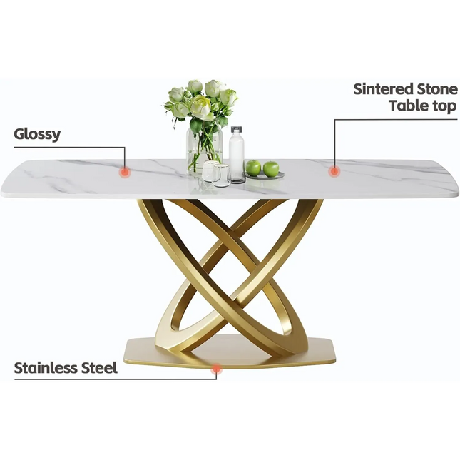 Cosmo Opulent Dining Tables | 63" Rectangular White with Luxe Gold Base for 6