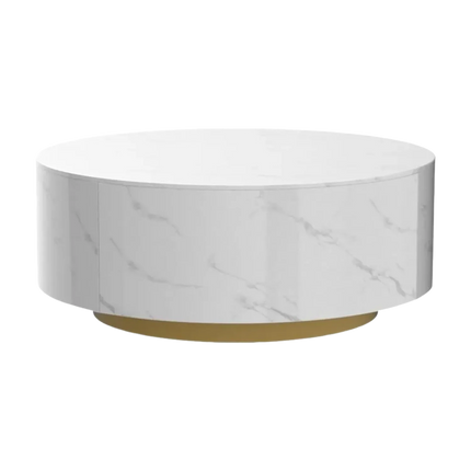 Solenza Zaya 33" Round White Marble Coffee Table | Gold Base & Storage