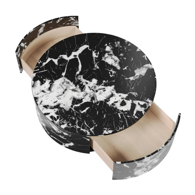 Solenza Zaya 33" Round Black Marble Coffee Table | Gold Base & Storage