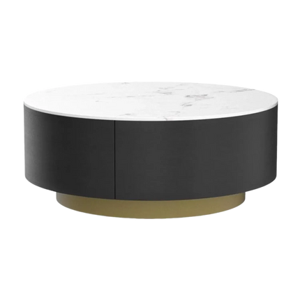 Solenza Zaya 33" Modern Round Coffee Table | Withe Marble Top & Black Wood Grain