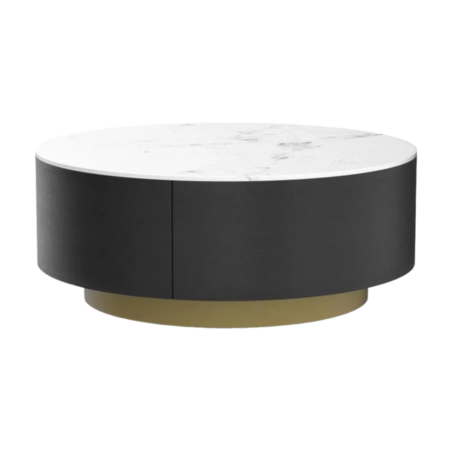 Solenza Zaya 33" Modern Round Coffee Table | Withe Marble Top & Black Wood Grain