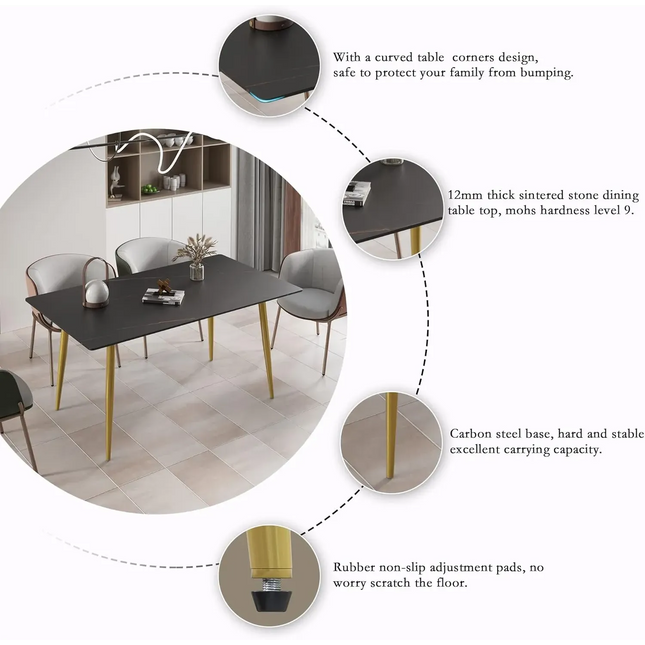 Axis Elegant Dining Tables | 63" Rectangular Black with Dusk Gold Base