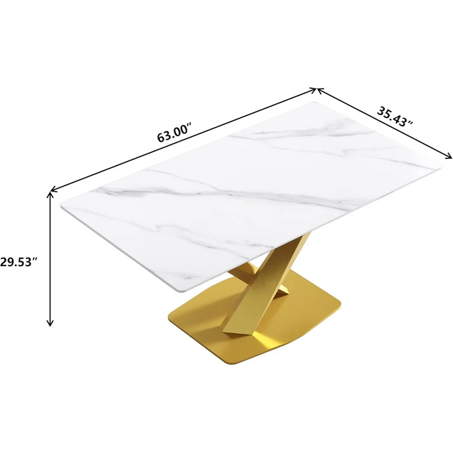 Marbela Dining Table | 63" Rectangular White Dining Table | Gold Metal Base – Elegant & Timeless Look
