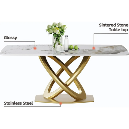 Cosmo Opulent Dining Tables | 70" Rectangular Antique White with Luxe Gold Base for 8