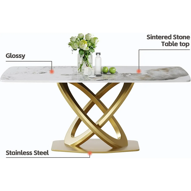 Cosmo Opulent Dining Tables | 70" Rectangular Antique White with Luxe Gold Base for 8