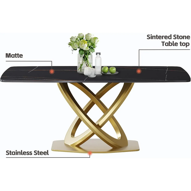 Cosmo Opulent Dining Tables | 70" Rectangular Black with Luxe Gold Base for 8