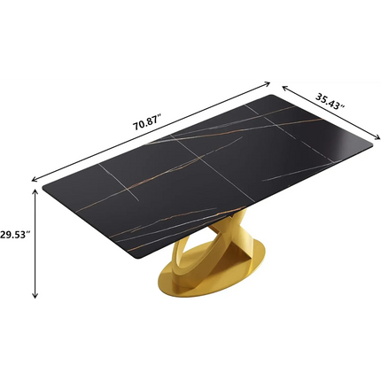 Calvara Atlas Elegant Dining Tables | 70" Rectangular Black with Luxe Gold Base for 6