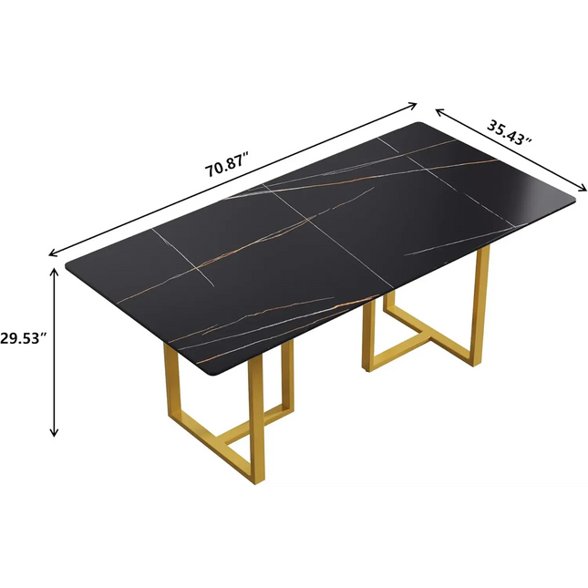 Linea Modern 70" Black Dining Table – Rectangular with Satin-Gold Base, Seats 6 People