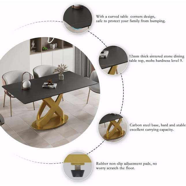 Calvara Atlas Elegant Dining Tables | 70" Rectangular Black with Luxe Gold Base for 6