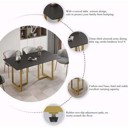 Linea Modern 70" Black Dining Table – Rectangular with Satin-Gold Base, Seats 6 People