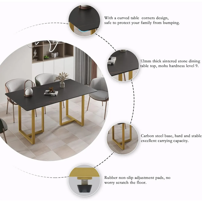 Linea Modern 70" Black Dining Table – Rectangular with Satin-Gold Base, Seats 6 People