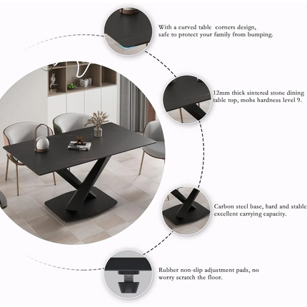 Marbela Dining Table | 70" Rectangular Black Dining Table | Jet Black Base – 6-Seater Modern Dining Room Table