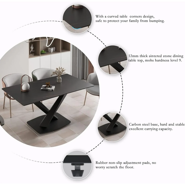 Marbela Dining Table | 70" Rectangular Black Dining Table | Jet Black Base – 6-Seater Modern Dining Room Table