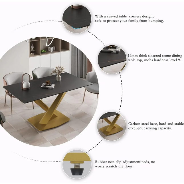 Marbela Dining Table | 70" Rectangular Black Marble Dining Table | Gold Base – Elegant 6-Seater for Modern Homes