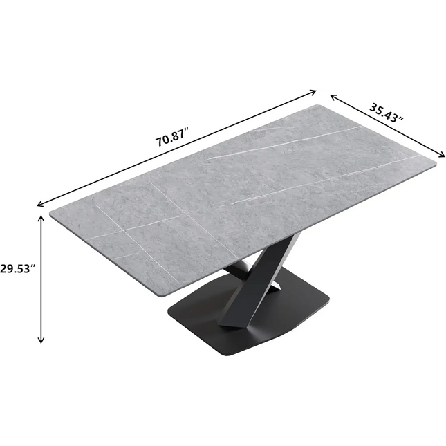 Marbela Atlas Dining Table | 70" Rectangular Gray Stone Dining Table | Jet Black Base – 6-Seater Contemporary Style