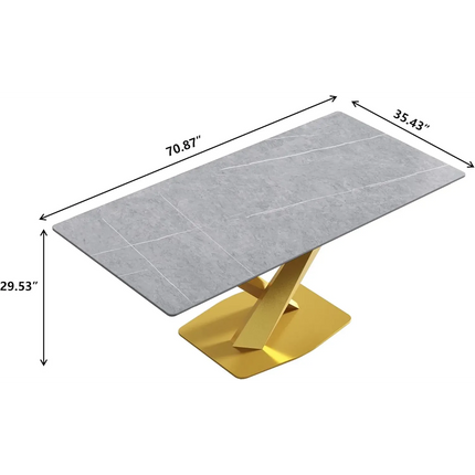 Marbela Elegant Dining Tables | 70" Rectangular Gray with Classic Gold Base for 6