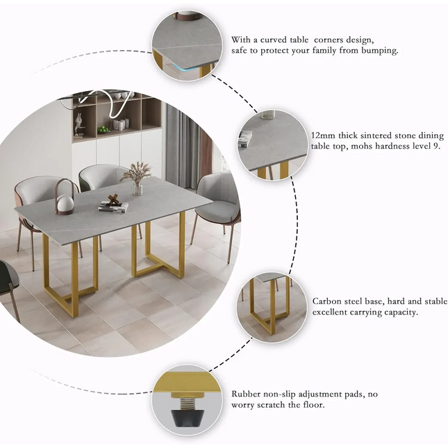 Linea Modern 70" Gray Dining Table – Rectangular with Satin-Gold Base, Seats 6 People