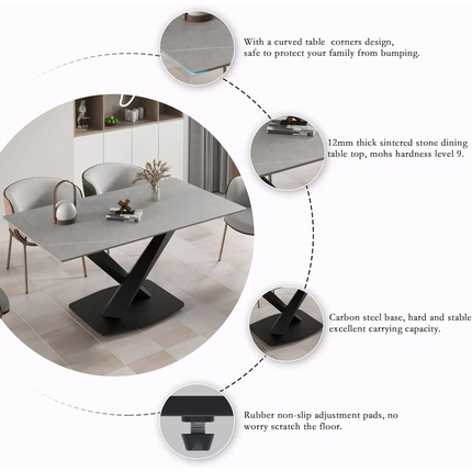 Marbela Atlas Dining Table | 70" Rectangular Gray Stone Dining Table | Jet Black Base – 6-Seater Contemporary Style