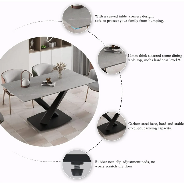 Marbela Atlas Dining Table | 70" Rectangular Gray Stone Dining Table | Jet Black Base – 6-Seater Contemporary Style
