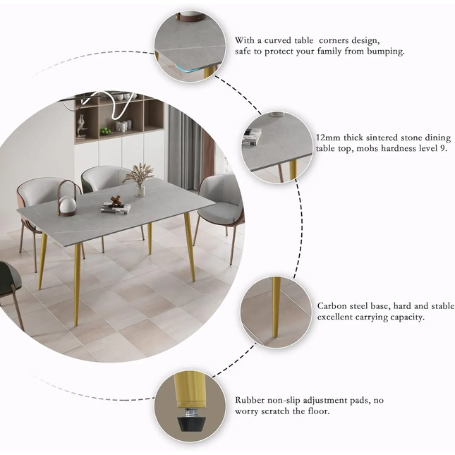 Axis Elegant Dining Tables | 70" Rectangular Gray with Dusk Gold Base for 6