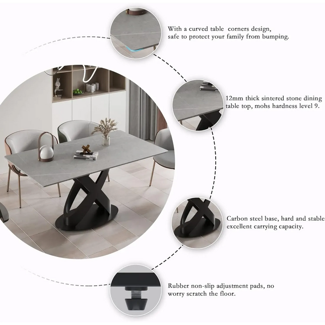 Calvara Atlas Elegant Dining Tables | 70" Rectangular Gray with Velvet Black Base for 6