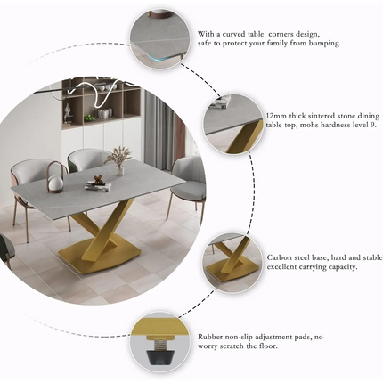 Marbela Elegant Dining Tables | 70" Rectangular Gray with Classic Gold Base for 6