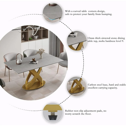 Calvara Atlas Elegant Dining Tables | 70" Rectangular Gray with Luxe Gold Base for 6