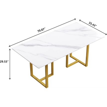 Linea Modern 70" White Dining Table – Rectangular with Satin-Gold Base, Seats 6 People