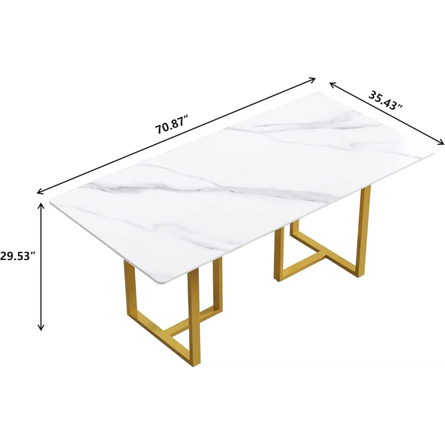 Linea Modern 70" White Dining Table – Rectangular with Satin-Gold Base, Seats 6 People