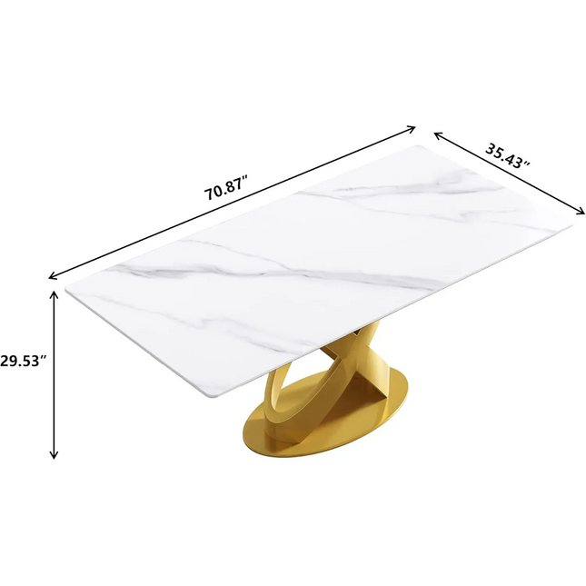 Calvara Atlas Elegant Dining Tables | 70" Rectangular White with Luxe Gold Base for 6