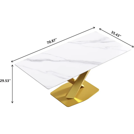 Marbela Dining Table | 70" Rectangular White Marble Dining Table | Gold Base – Seats 6, Classic Modern Design