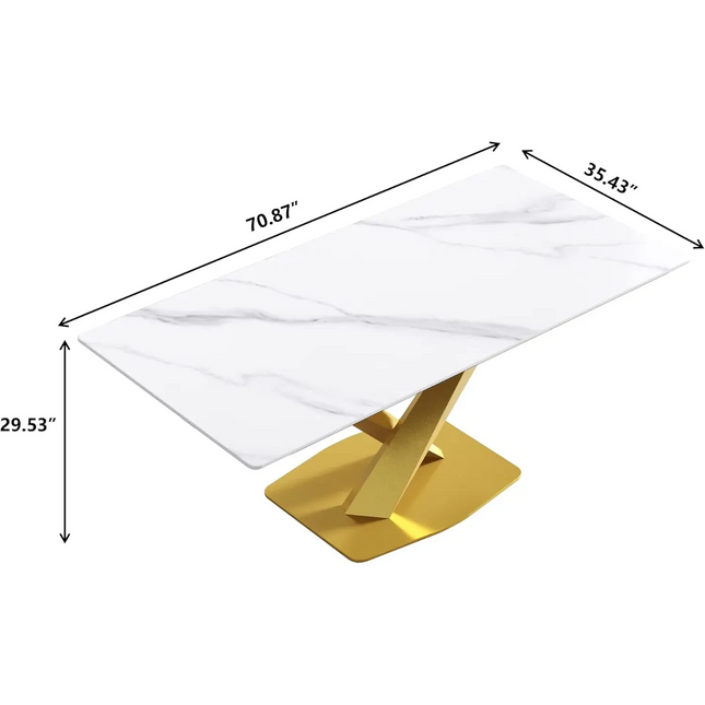 Marbela Dining Table | 70" Rectangular White Marble Dining Table | Gold Base – Seats 6, Classic Modern Design