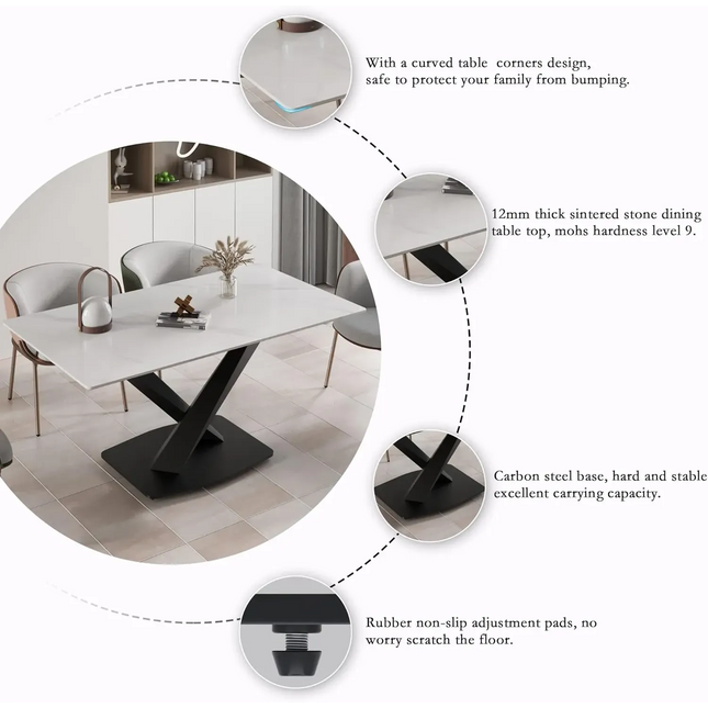 Marbela Dining Table | 70" Rectangular White Marble Dining Table | Black Metal Base – Seats 6, Modern Luxury Design