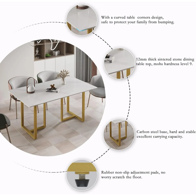 Linea Modern 70" White Dining Table – Rectangular with Satin-Gold Base, Seats 6 People