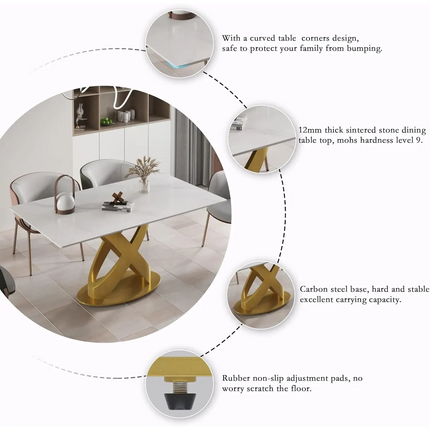 Calvara Atlas Elegant Dining Tables | 70" Rectangular White with Luxe Gold Base for 6