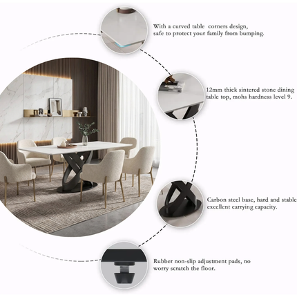 Calvara Atlas Elegant Dining Tables | 70" Rectangular White with Velvet Black Base for 6