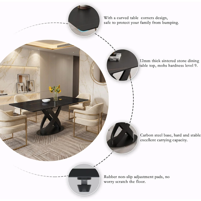 Calvara Atlas Elegant Dining Tables | 70" Rectangular Black with Velvet Black Base for 6