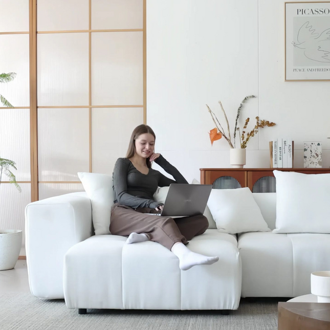 Solenza Elysian | 144" Modular 3-Seater L-Shaped Sectional + Ottoman | Washable Linen Sofa