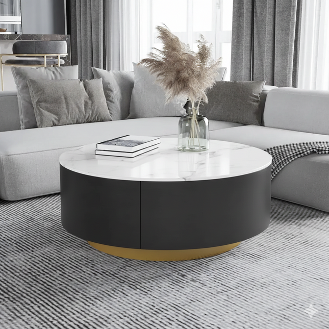 Solenza Zaya 33" Modern Round Coffee Table | Withe Marble Top & Black Wood Grain