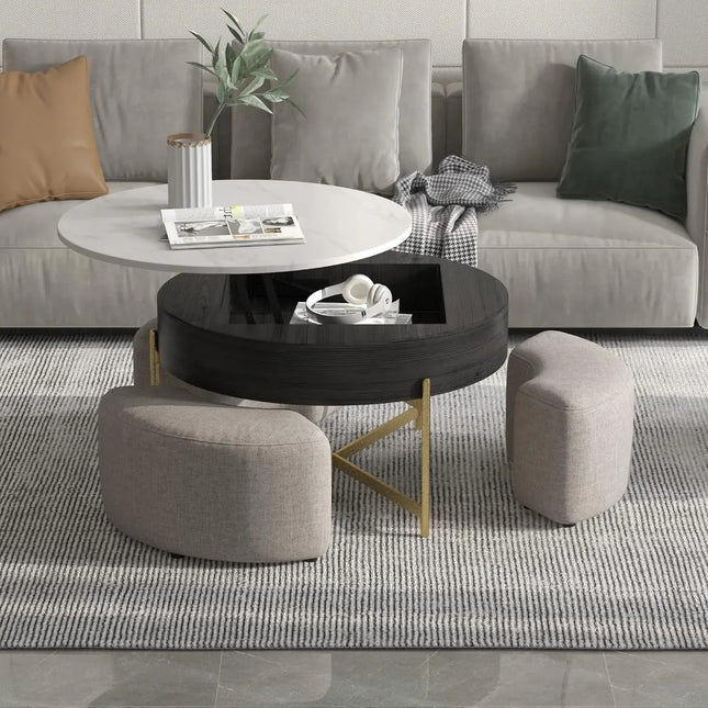 Solenza Kanza 31" Lift-Top White Marble Coffee Table Gold Base | Black & Gold with 3 Stools